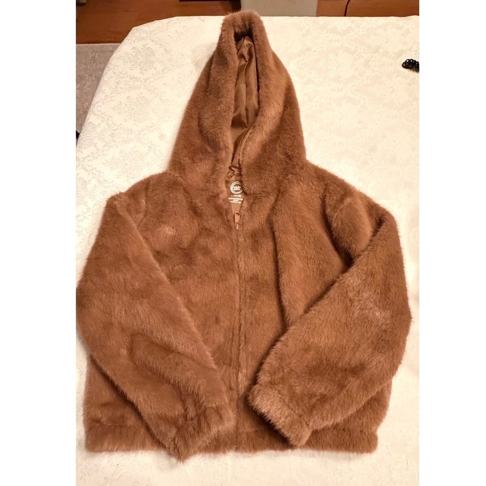 Wonder Nation Girls Faux Fur Hooded Zip Jacket Hazelnut Brown L 10-12 NWT